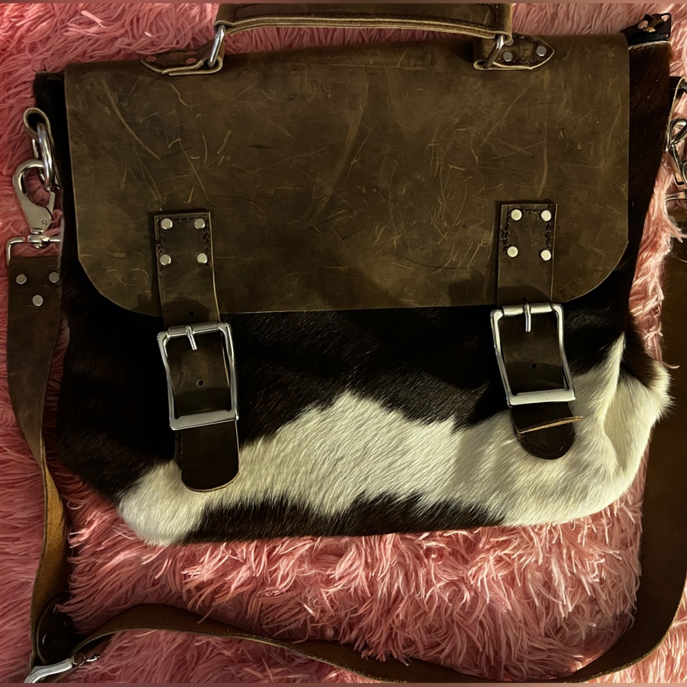 Cow Print Leather Messenger Bag 💼